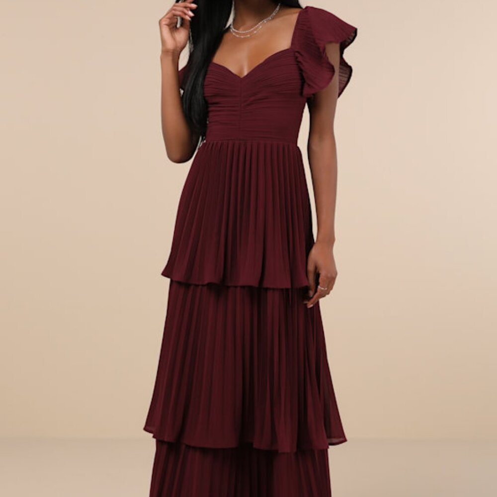 Notorious Charm Plum Purple Pleated Flutter Sleeve Maxi Dress